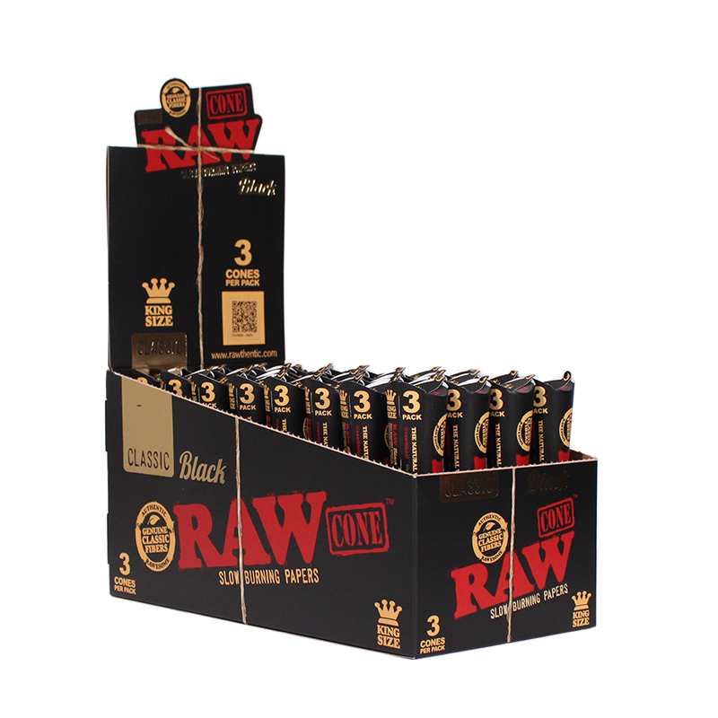 6 RAW Black Cones – 3 King Size Per Pack With 1 RAW Three Tree Cone Case Included!