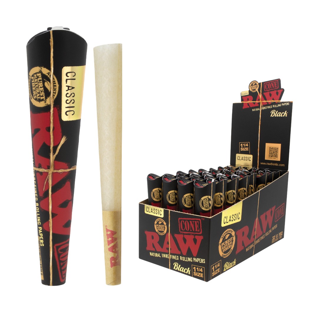 6 RAW Black Cones – 3 King Size Per Pack With 1 RAW Three Tree Cone Case Included!